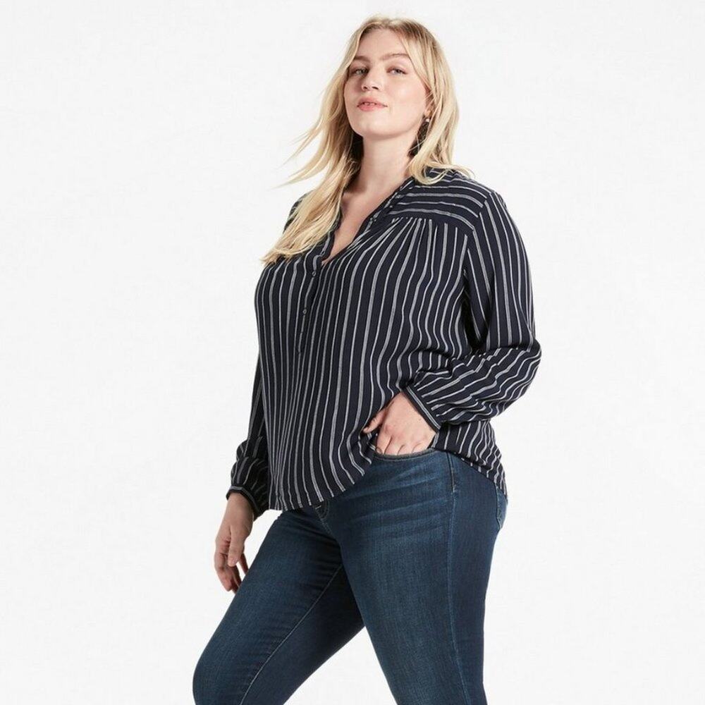 Lucky Brand Navy/White Striped 3/4 Button Popover Long Sleeve Blouse 2x